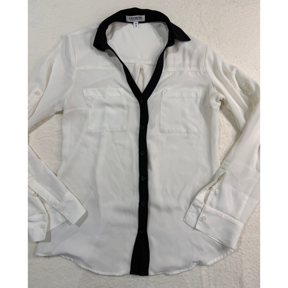 Express The Portofino Shirt Womens XS White Black Colorblock Button Up Top - Picture 1 of 6